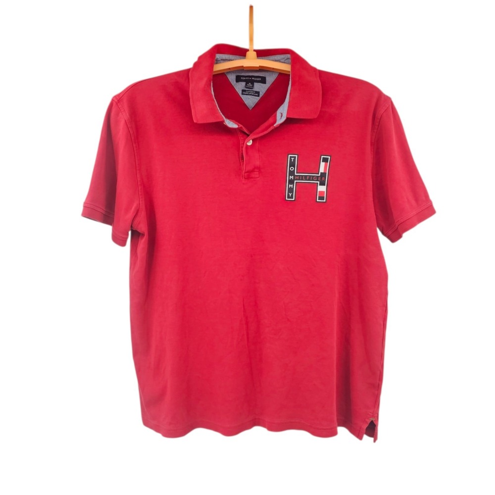Tommy Hilfiger Polo‎ Shirt XL Red Custom Fit Varsity Logo
